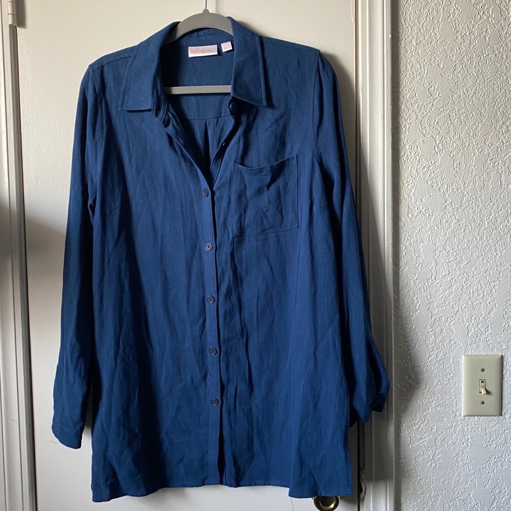 Belle by Kim Gravel Navy Blue Linen Blend Button Down Tunic Shirt S